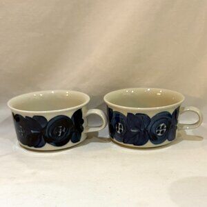 Pair of Arabia Finland Hand Painted Blue Anemone Flat Coffee Mug Ula Procope